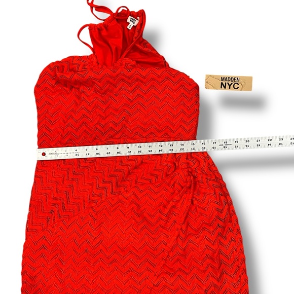 New! MADDEN NYC Adjustable Halter Chevron Lace Texture Orange Midi Dress Large - Picture 10 of 12